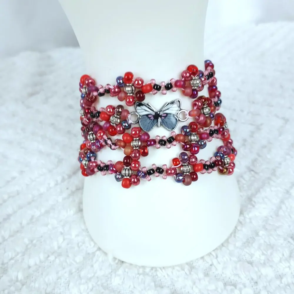 HANDMADE ~ Red Daisies & Butterfly 4 Wrap Bracelet
